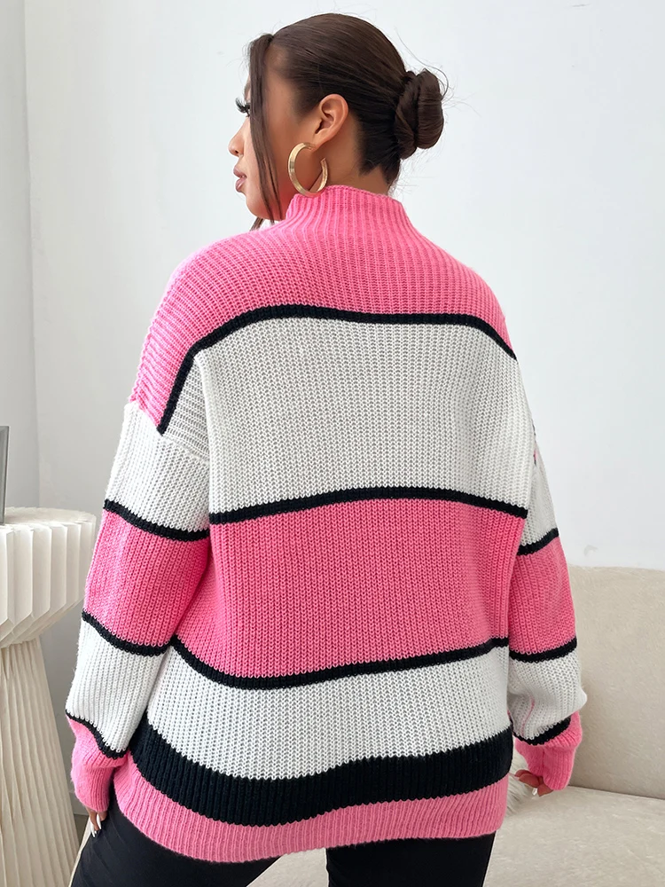 ONELINK Women\'s Sweater Autumn Plus Size Oversize Clothing Knitting Wide White Pink Striped Pullover Turtleneck Long Sleeve Tops