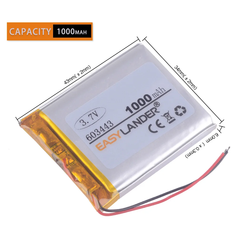 10pcs/Lot 603443 3.7V 1000mAh Lithium li-Polymer Li-ion Rechargeable Battery For  MP4 MP5 GPS PSP DVR E-Book electronic product