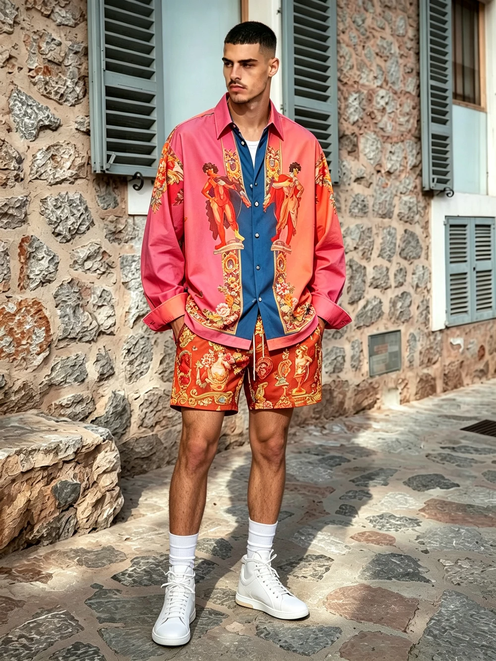 Men's Premium Light Luxury Polyester Long-Sleeve Shirt & Shorts 2-Piece Set, Artistic Pattern Print Shirt, Men's Outfit for Fest