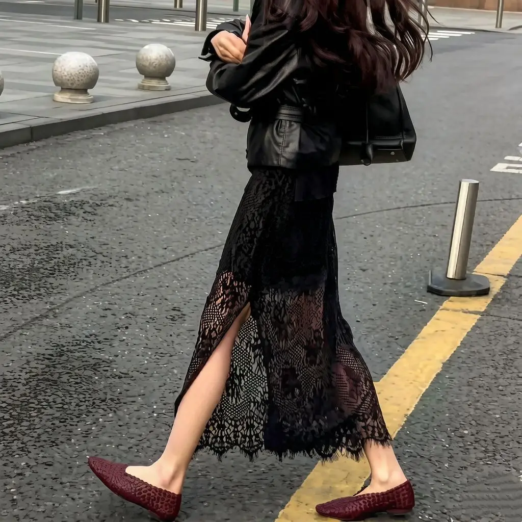 Ruffle Lace Paneling  Skirt Women's Design Sense Open Split Bodycon Long Skirt Standard Fit Summer 2026 Polyester Fiber