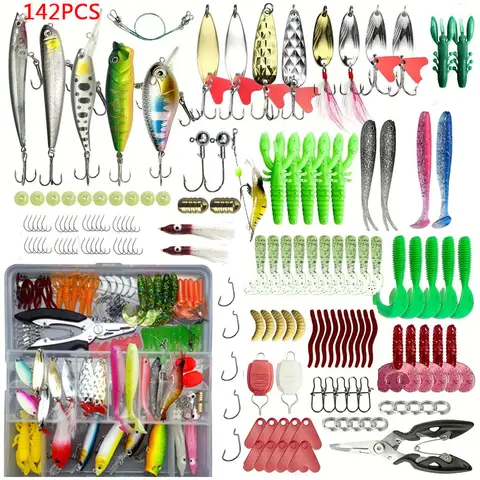 Conjunto de isca de pesca 18/21/59/142 pçs kit de isca vib mista isca macia minnow popper ganchos todos os acessórios de pesca água doce