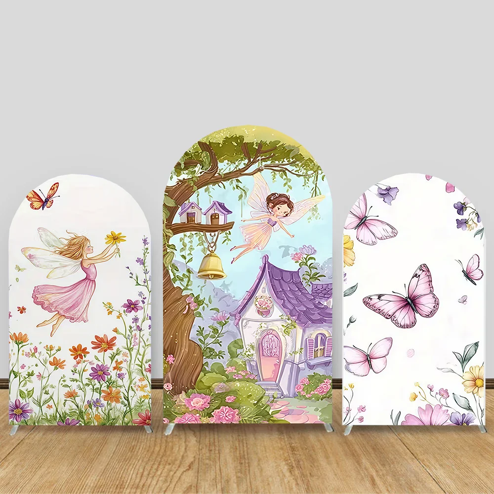 

Butterfly Fairy Garden Girls Birthday Arch Wall Panels Backdrops Pink Floral Mushroom Door Baby Shower Arched Cover Party Banner