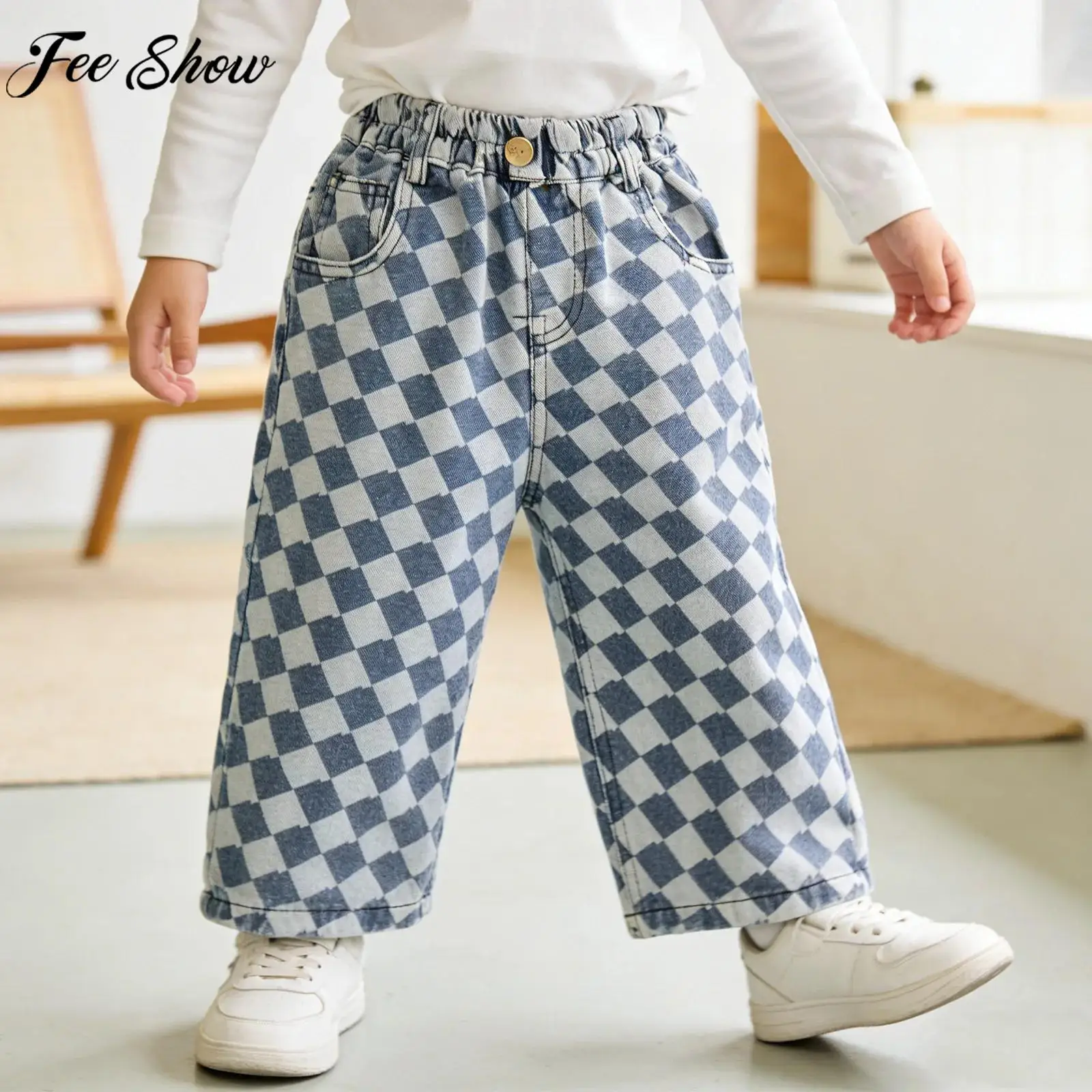 

Kids Boys Girls Korean Style Loose Jeans Elastic Waist Wide Leg Fashion Casual Denim Pants Daily Wear Streetwear for Spring Fall