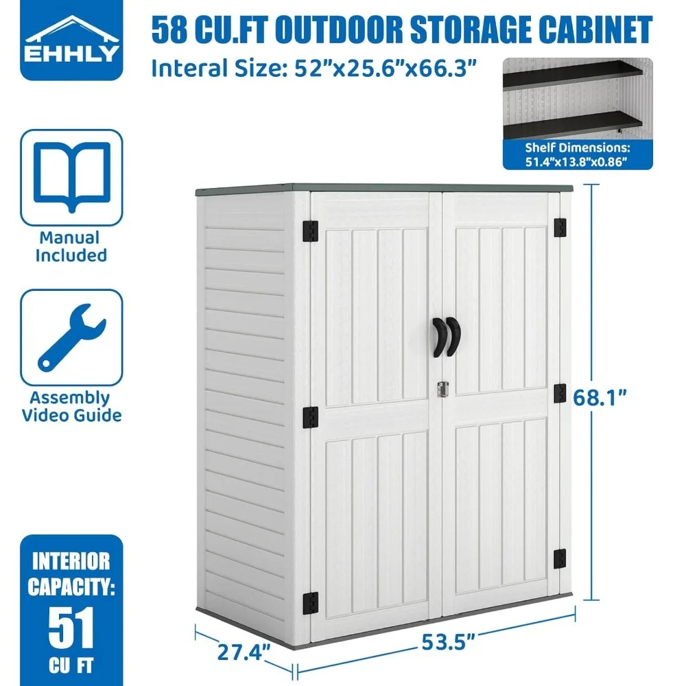 Vertical Resin Storage Shed 2 Shelves, 60 Cuft Garden Tool & Outdoor Cabinet Waterproof, 4.5x2.3 ft Lawn Mower Shed, Custom