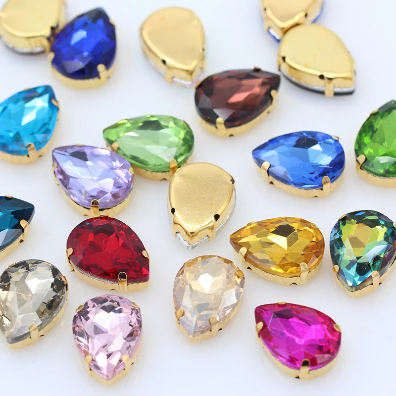 20p 10x14mm teardrop color pointback glass stone sew on crystal rhinestones Droplet jewels gold bottom button for wedding dress