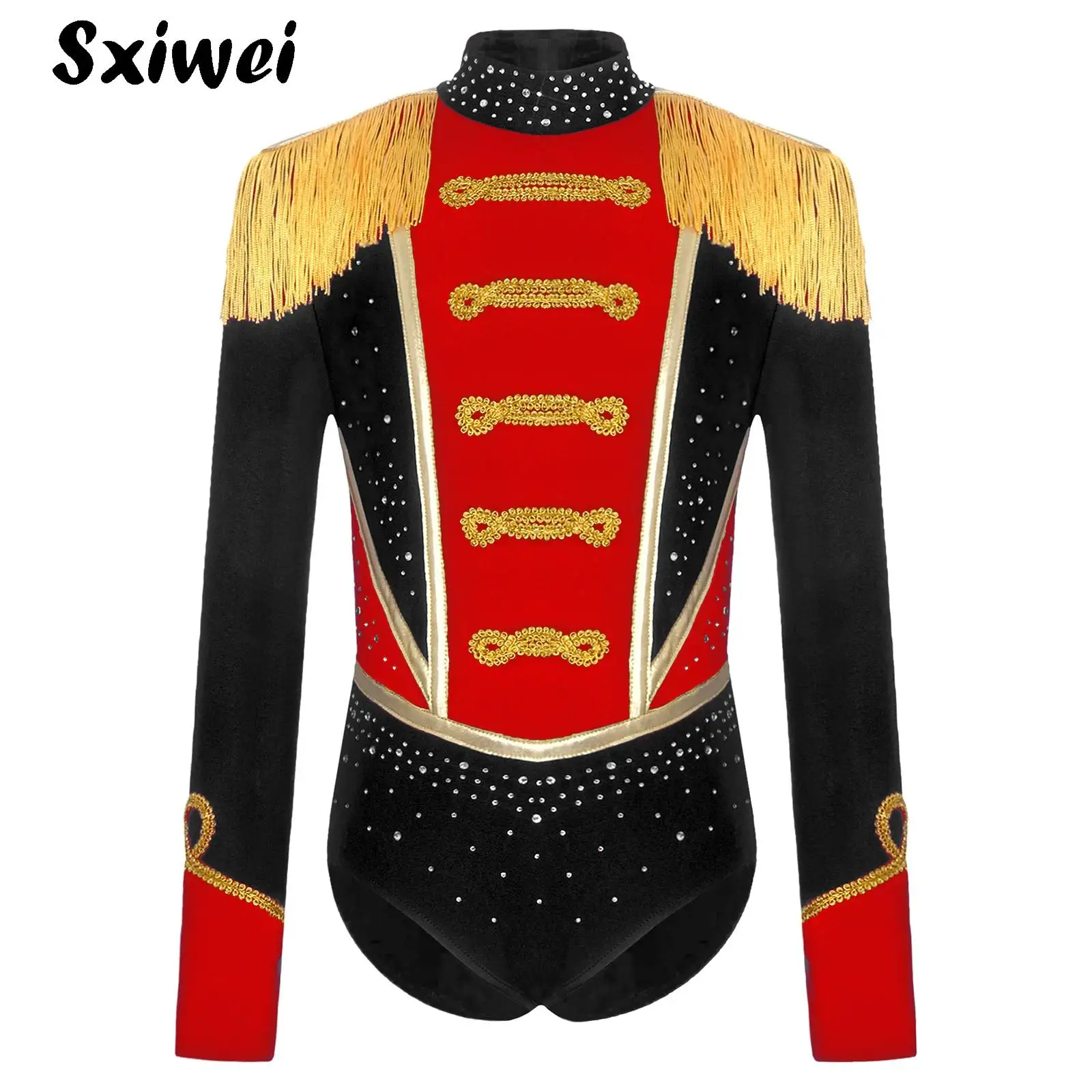 Girls Circus Ringmaster Costumes Rhinestones Long Sleeve Fringed Epaulets Leotard Jumpsuit Halloween Magician Lion Tamer Cosplay