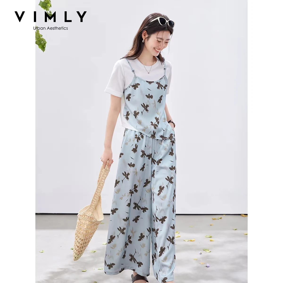 VIMLY Women's Casual Print Two-Piece Set 2026 Summer Blue Fake Two-Piece T Shirt Cropped Wide Leg Pants Vacation Outfit A6031