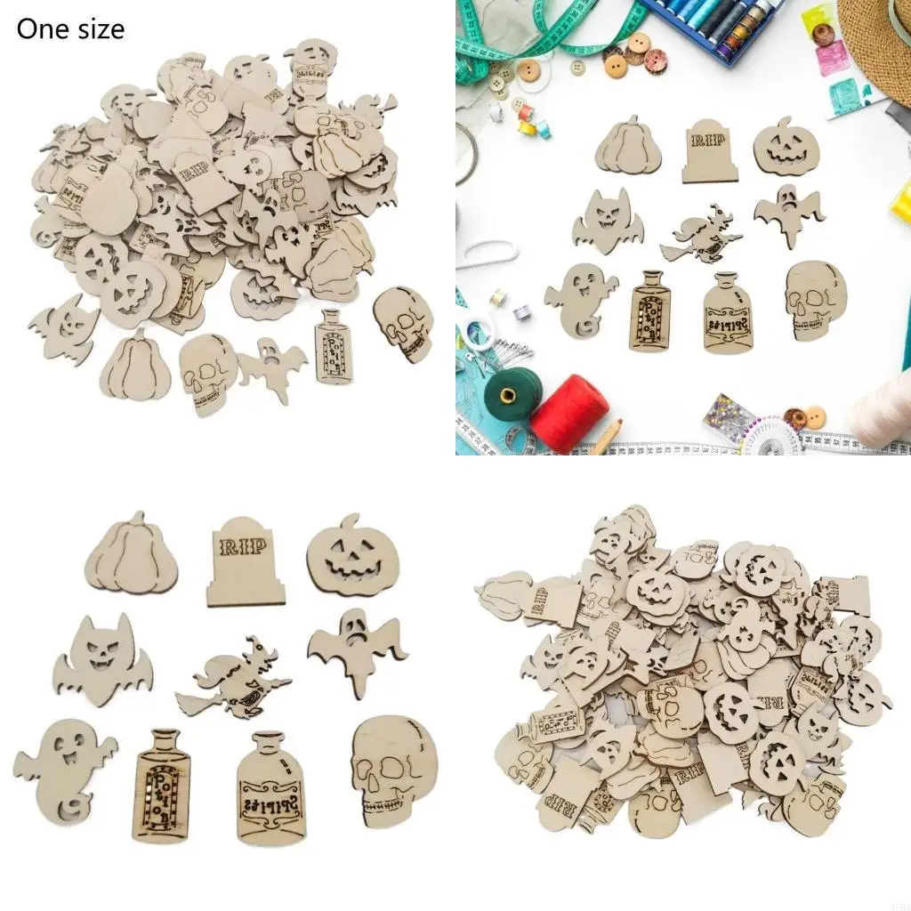 

97BA 50 Pcs Halloween Unfinished Wooden Slices DIY Handcraft Cutouts Embellishments Decorations for Festival Party Hanging