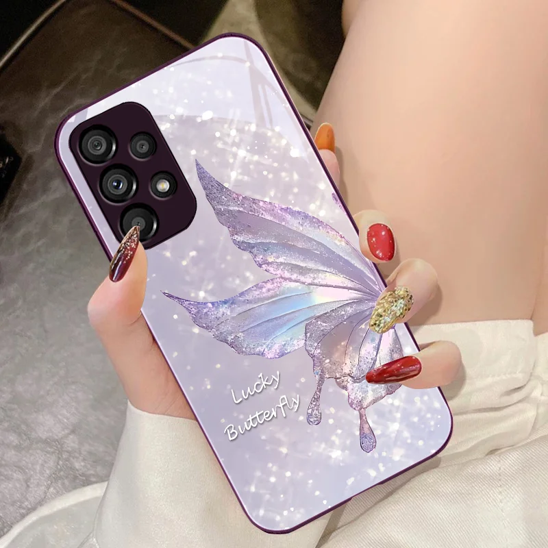 Dreamy Butterfly Purple For Samsung Galaxy S10 4G S20 11E 30 S21 21Fe 22 S24 Pro S23 Ultra 5G S8 S9 Tempered Glass Phone Case