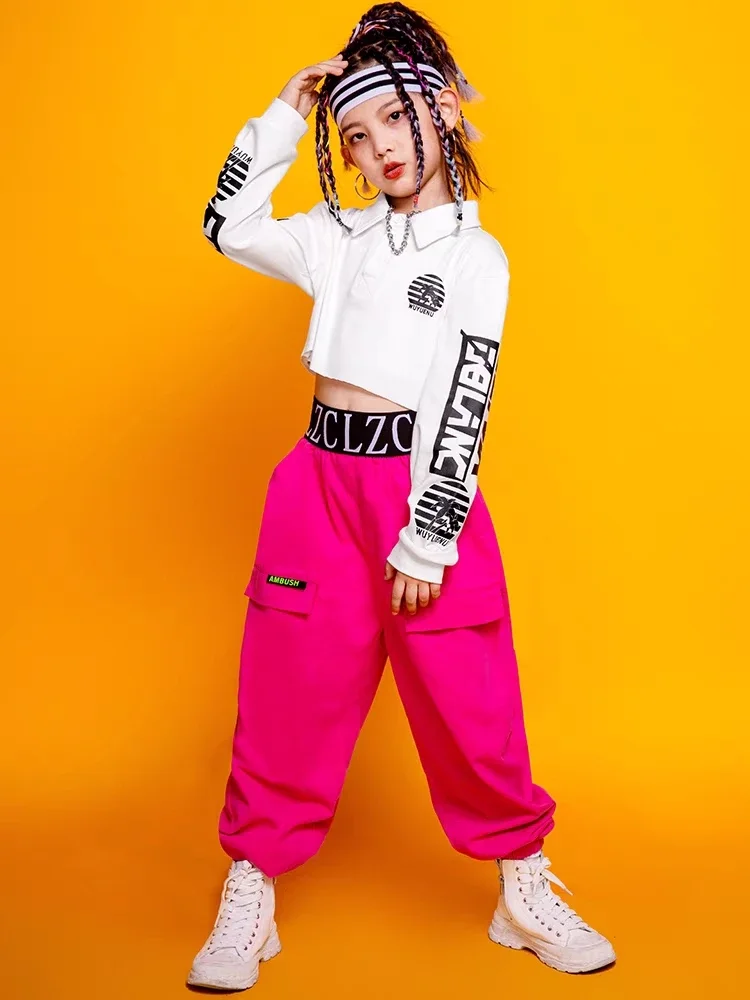 Hip Hop Mädchen Crop Top Rosa Jogger Kinder Sweatshirt Street Dance Cargo Hosen Streetwear Kleidung Sets Kind Jazz Bühne Kostüme