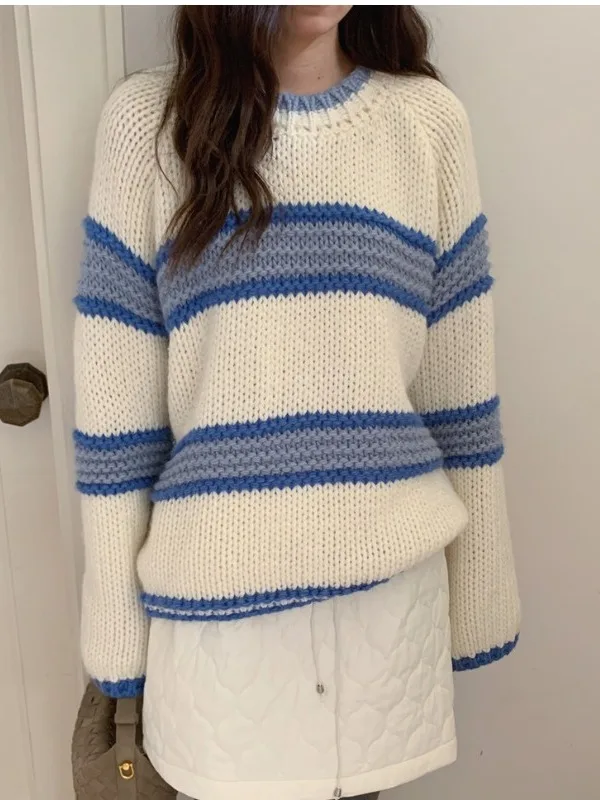 

Retro Lazy Thi Knit Sweater Chic Outerwear Women's Loose Fit Striped Color Blo Knitted Top Korean Sle Winter Faion