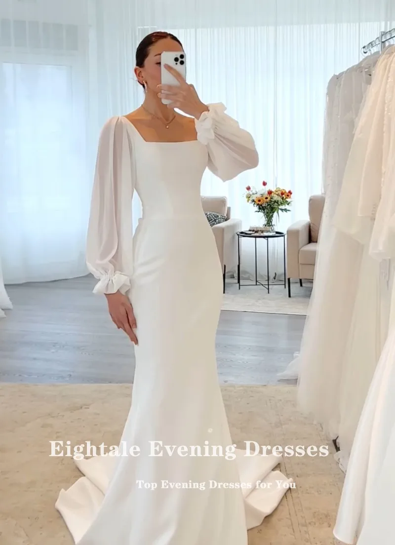 Eightale Boho Wedding Dress Customized Scoop Mermaid Simple Long Sleeves White Ivory  Bridal Gown Vestido De Noiva
