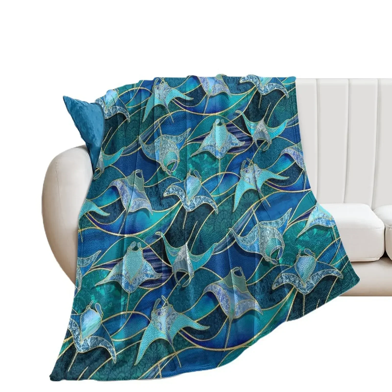 Patchwork Manta Rays in Sapphire and Turquoise Blue Throw Blanket blankets ands Decoratives Furry Softest Blankets