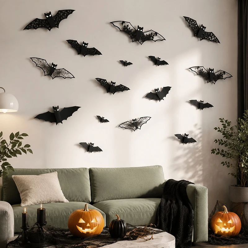 12-48PCS/Lot Black Bat Wall Decal Halloween Spooky Decor For Home Party Supplies Shop Window Dress Up Photo Booth Background ZYF