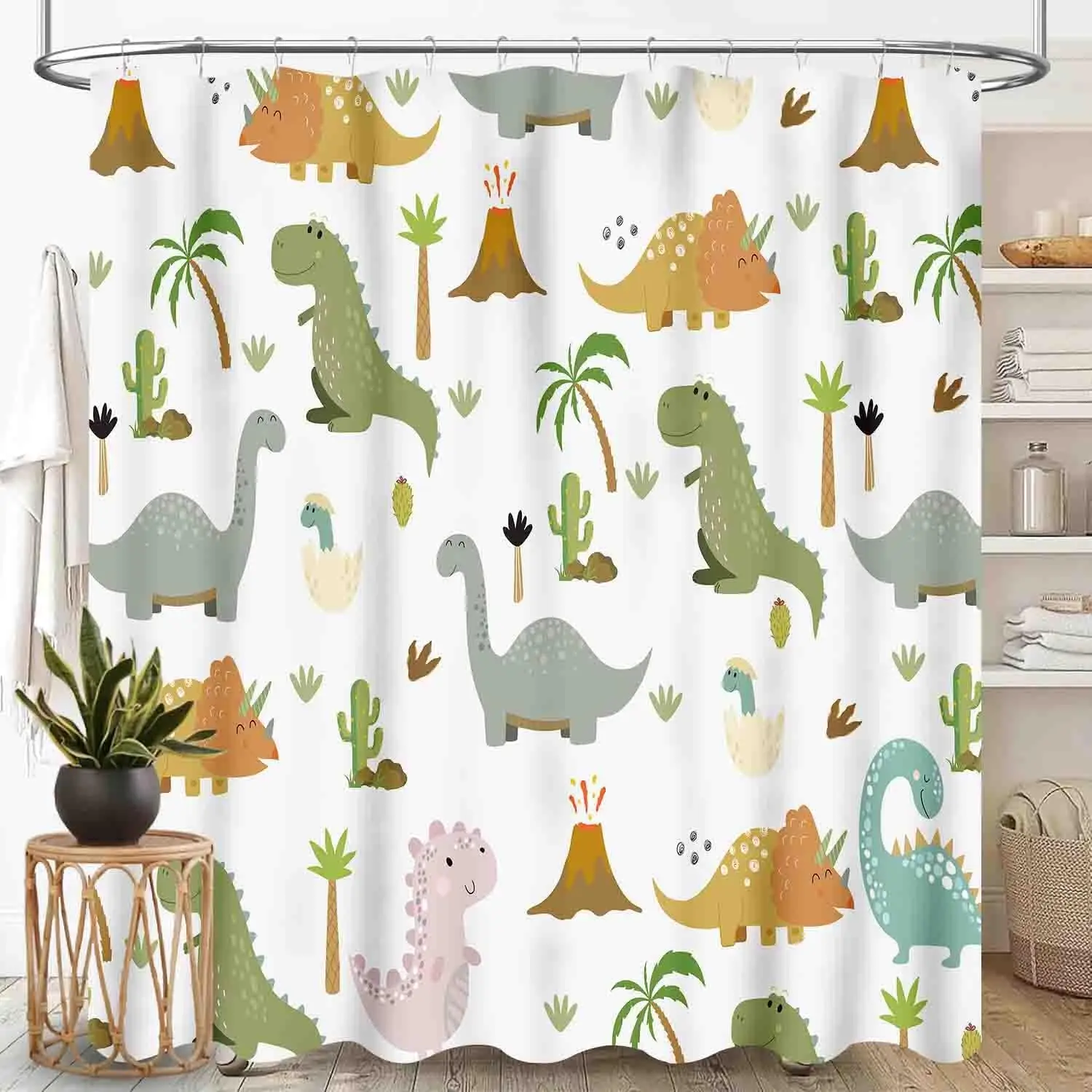 

Занавеска для душа с динозавром для ванной комнаты, дети, мальчики, дети, мультфильм, динозавр, дерево, милые забавные крутые животные сафари, красочный зеленый цвет