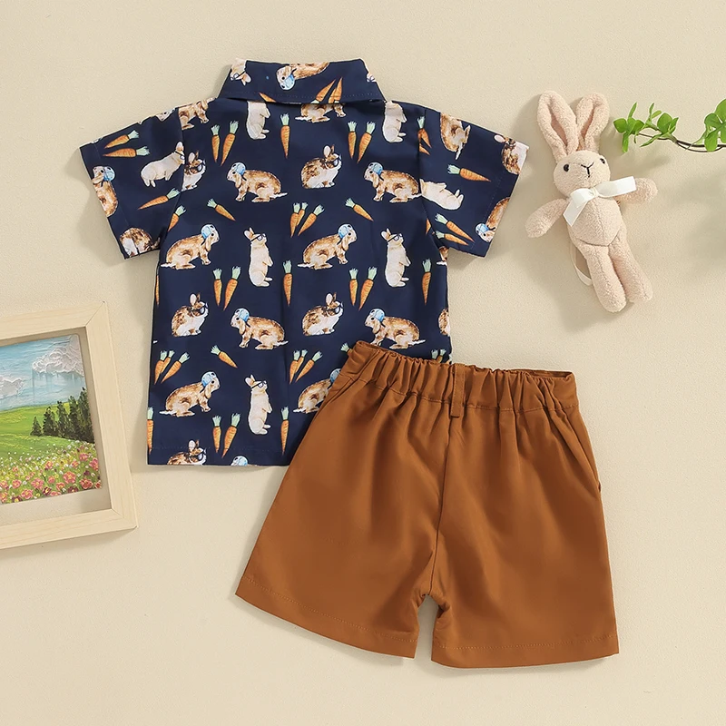 Toddler Baby Boy Easter Outfit Carrot Rabbit Print Bow Tie Short Sleeve Shirts Top Shorts Set 2Pcs Clothes