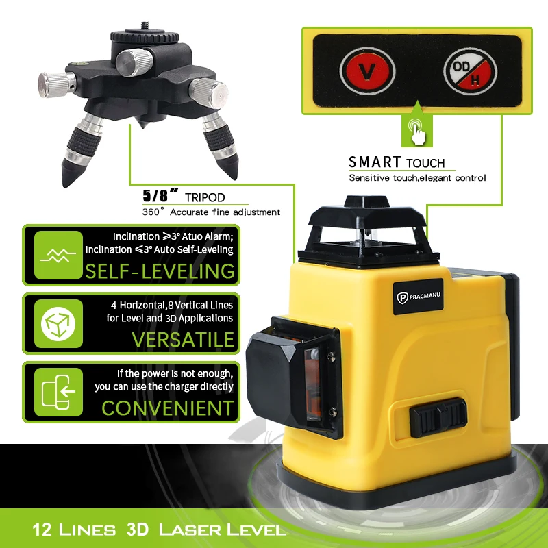 Pracmanu 12 Lines Laser Level 3D Level 360 Degree Self-Leveling Control with One Powerful Battery