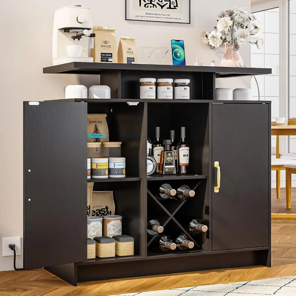 LED-Illuminated Coffee Bar Cabinet with Power Outlet, Storage, and Removable Shelves for Wine Enthusiasts
