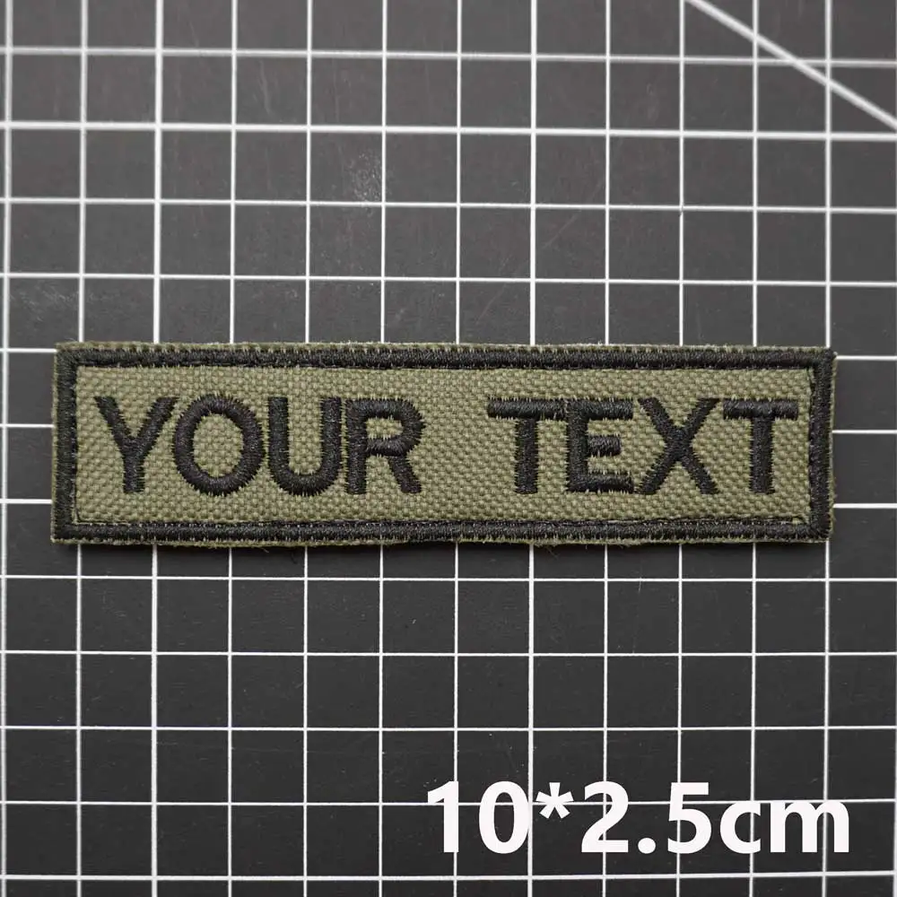 Customized name text embroidery patch with  army green background, tactical name sticker, back with hook and fur on