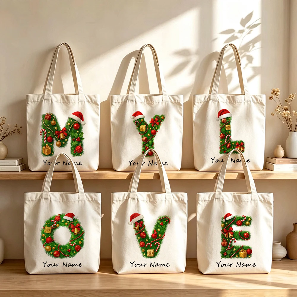 Personalized Christmas Letter Canvas Tote Bag Custom Initial Name Grocery Shopping Bag for Women Reusable Shoulder Bag Xmas Gift