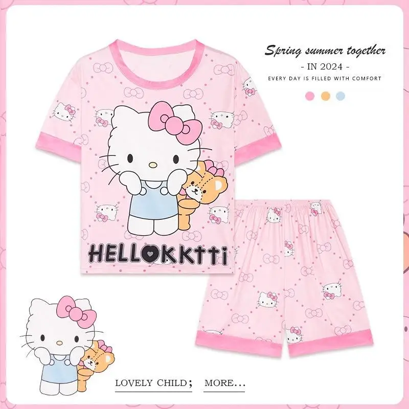 Sanrioed Cinnamoroll Pajamas Kawaii Hello Kittys Kuromi Girls Short Sleeve Shorts Cartoon Sleepwear Children Home Clothes Summer