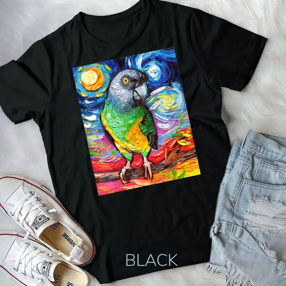 Senegal Parrot Starry Night Bird Tropical Art by Aja Unisex T-shirt High Quality 100%Cotton Short Sleeve