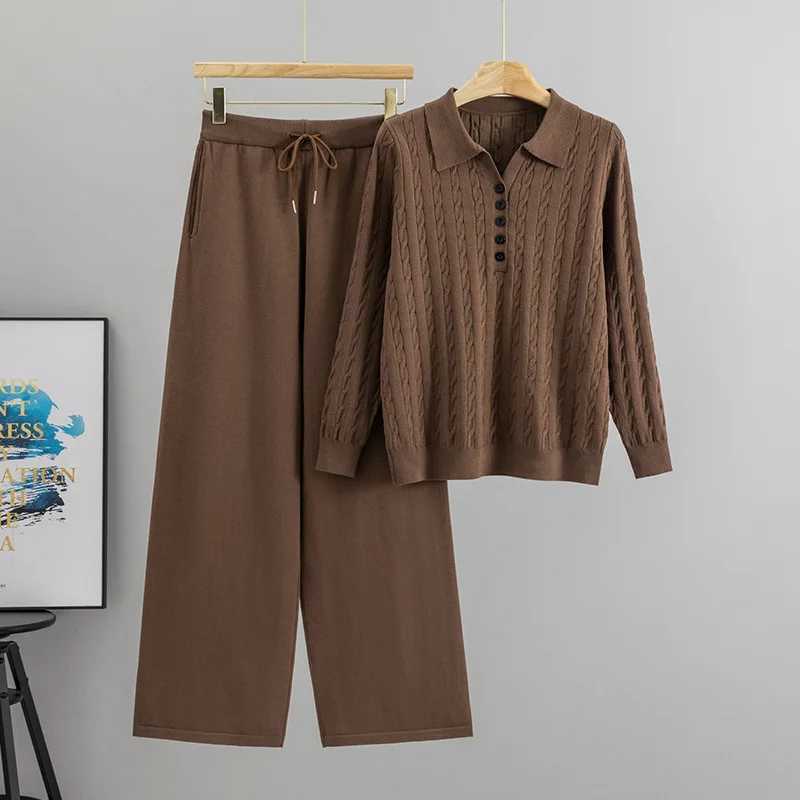 Women Pullover Sweater Wide Leg Pants 2 Piece Set Knit Top Ensemble Buttons Autumn Winter 2026 Vintage Knitwear Trousers Suit