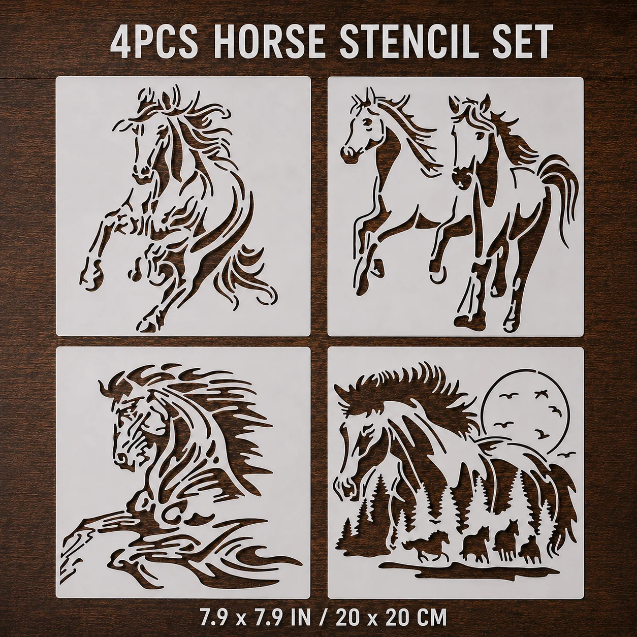 4PCS Horse Stencil Set 7.9 x 7.9 Inch Reusable Painting Templates for Walls Wood Signs Canvas Furniture Western Farmhouse Decor
