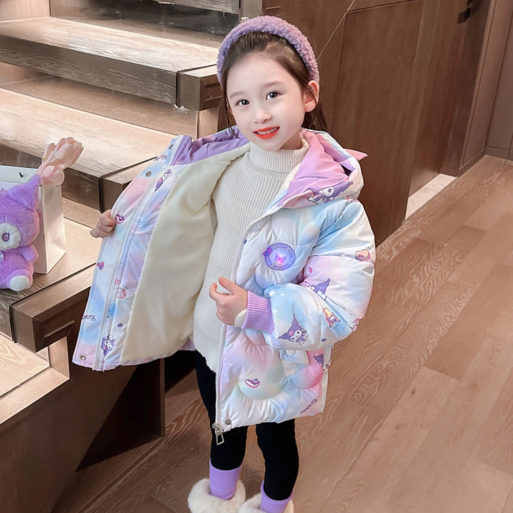 Winter Kuromi Jacket for Kids Coats Kawaii Anime Sanrio Hooded Cotton Jacket Princess Girls Down Coat Long Cotton Jacket Fashion