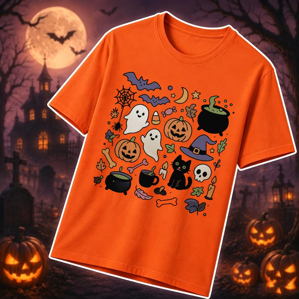 Halloween Doodles Spooky Season Cute Fall Graphic T-Shirt Casual Short Sleeve Tee Pumpkin Witch Black Cat Blouse Women Clothing