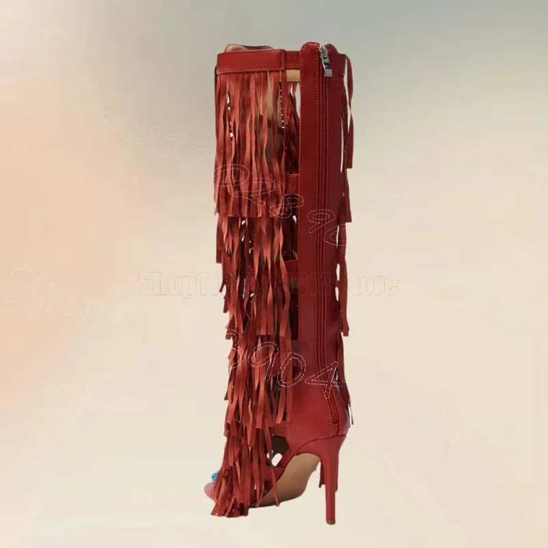 

Metal Beads Red Tassels Open Toe Sandals Boots Back Zipper Women Shoes Thin High Heels Party Banquet 2026 Zapatos Para Mujere