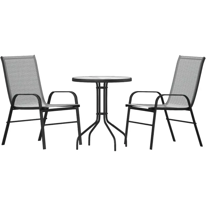 Outdoor Patio Dining Set -Flex Comfort Stack Chairs - Round Tempered Glass Patio Table