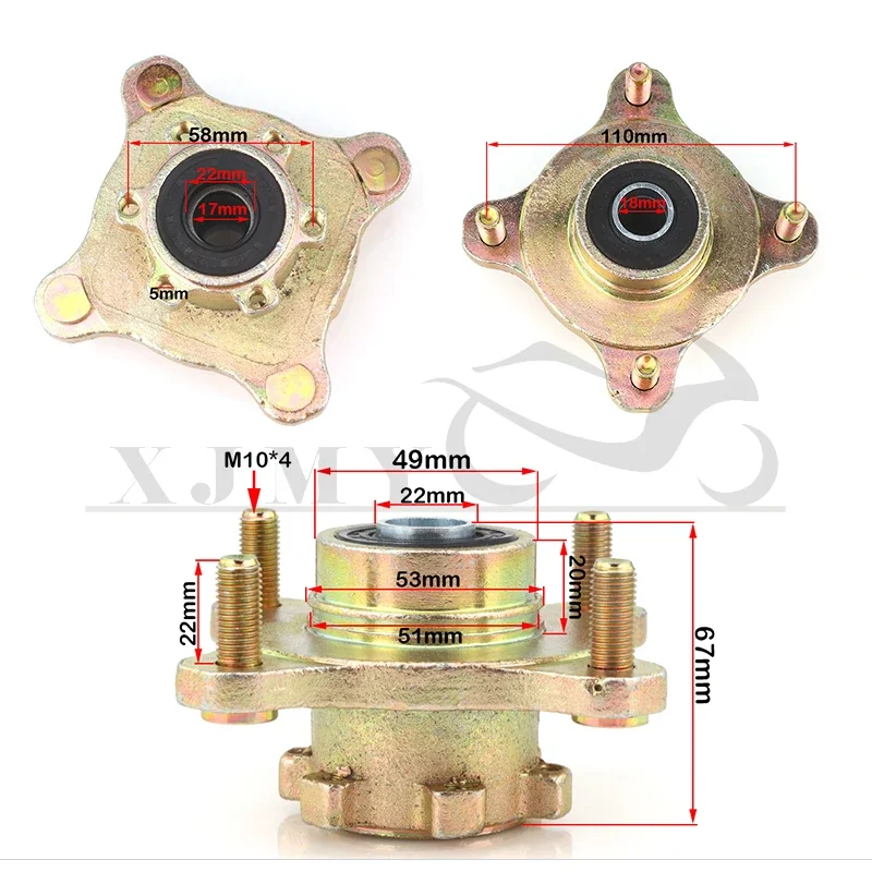 1PC TV Claw Flange – 17mm-17mm 110*4 Stud M10 Thread Front Brake Disc Hub for China UTV Off-Road Vehicles Golf Carts & Qua