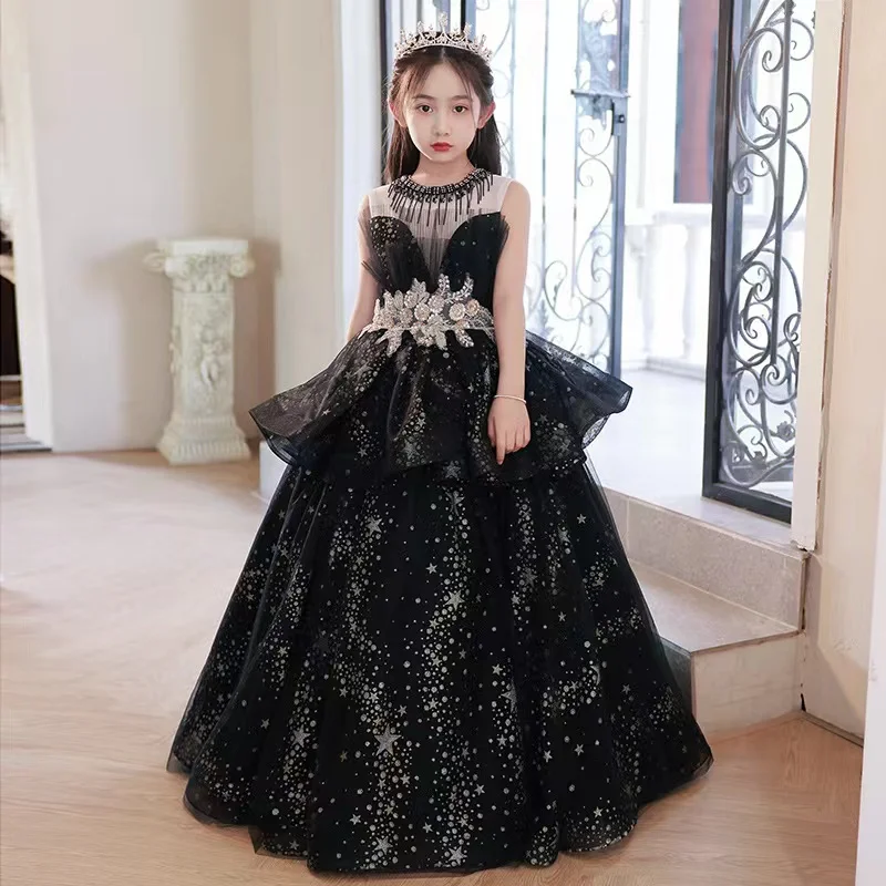 Black Lace Flower Girl Dresses Sequin Applique Children Wedding Party Long Gowns Kids Clothes Princess First Communion Vestidos