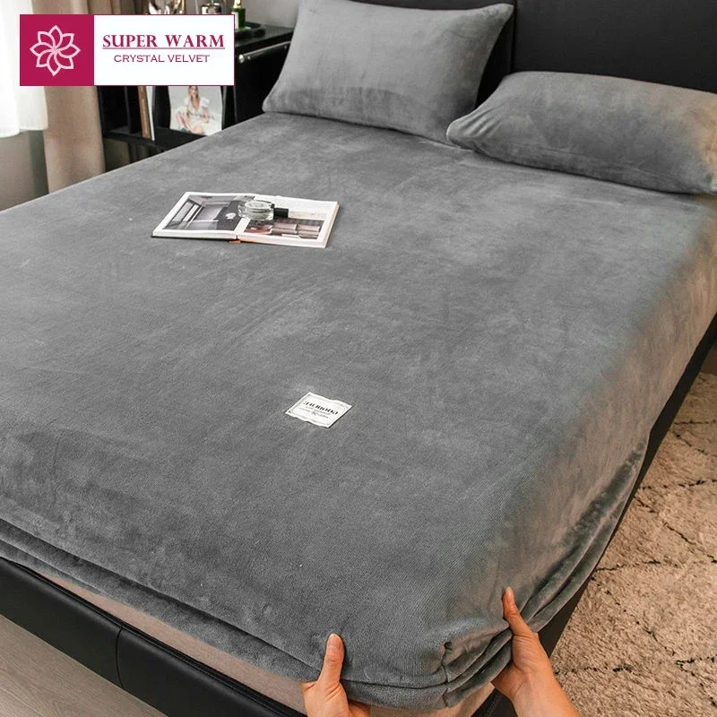 Weiche Warme Plüsch Spannbettlaken Elastische Matratzenbezug Flauschigen Korallen Fleece Bettwäsche Winter Paar Luxus Doppelbett Bettwäsche
