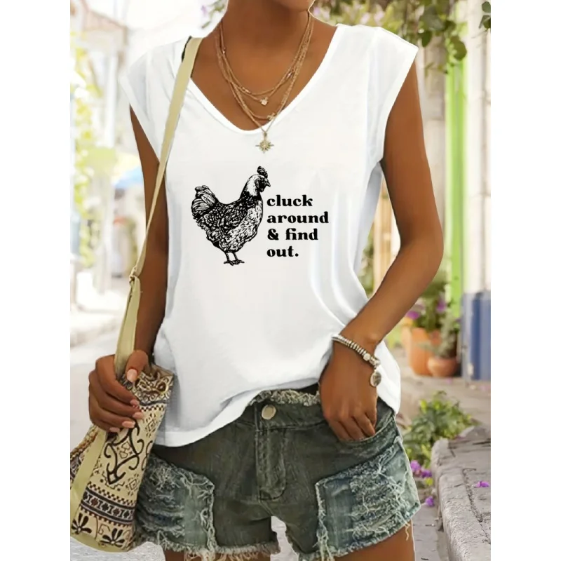 

White Sleeveless Loose Pullover Urban Casual Hen Digital Print Women's Vest
