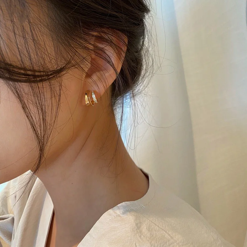 2024 New Vintage Gold Color C-Shaped Stud Earrings for Women Double Ring With Zirconia Temperament Jewelry Party Gifts