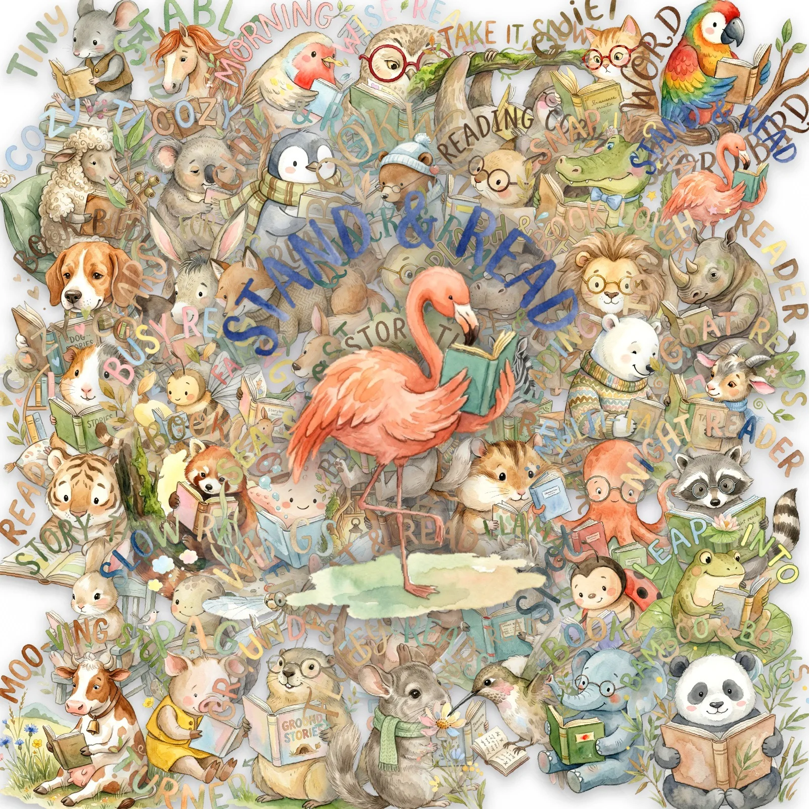 50PCS Transparent PET Stickers Watercolor Cute Animal Reading Pattern Decals for Scrapbook Craft Decor Decoration Accessories