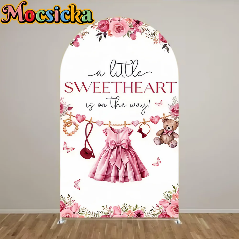 

Newborn Baby Shower Birthday Arch Cover Backdrop Pink Flowers Toy Bear Girls Birthday Party Decorations Photography Background