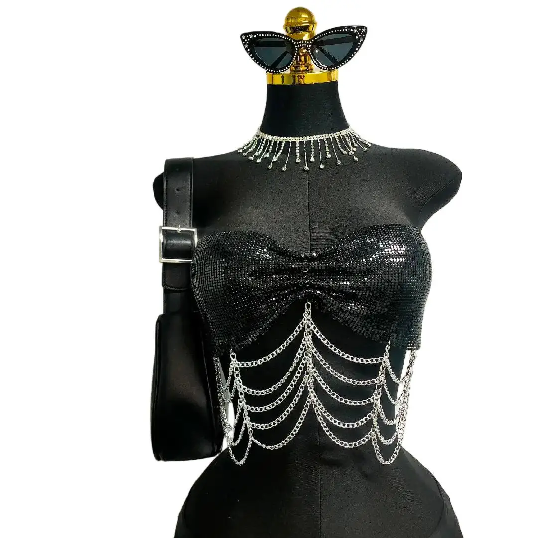 AKYZO Hot Selling Rhinestone Sexy Suspender Strapless Top In Europe And America Metallic Sequins Black Spicy Girl Outfit