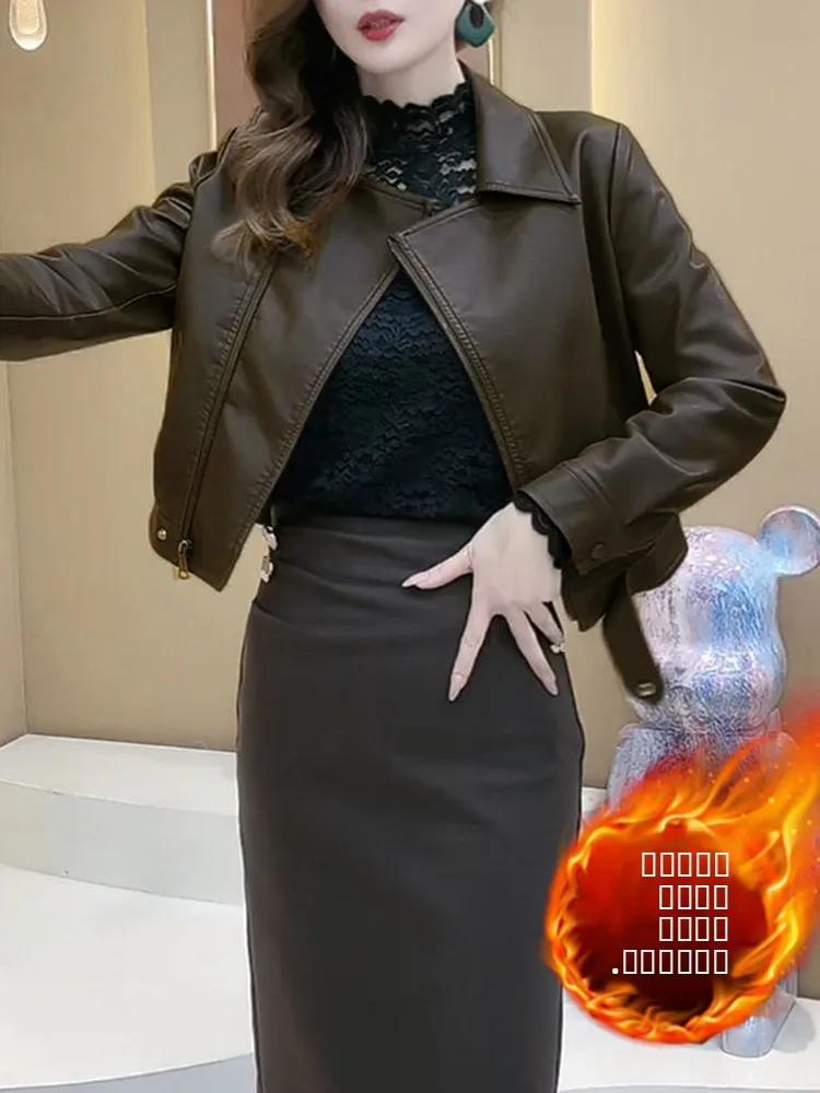 ファッショナブルなオートバイレザージャケット女性のスリースリーブアウターウェア秋服 2023 トレンディなジッパー開閉ロングスリーブルーズフィット