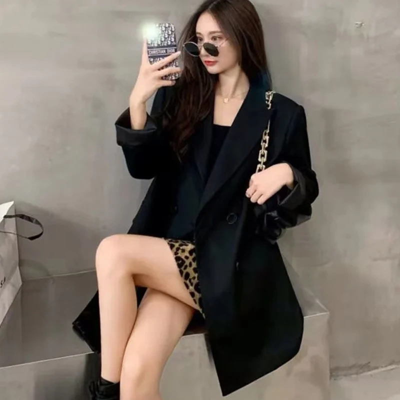 FANAN Chic Double Breasted Mid Length Blazers Women Fashion Loose Long Sleeve Suit Coats Woman Korean Lapel Office Jacket Female