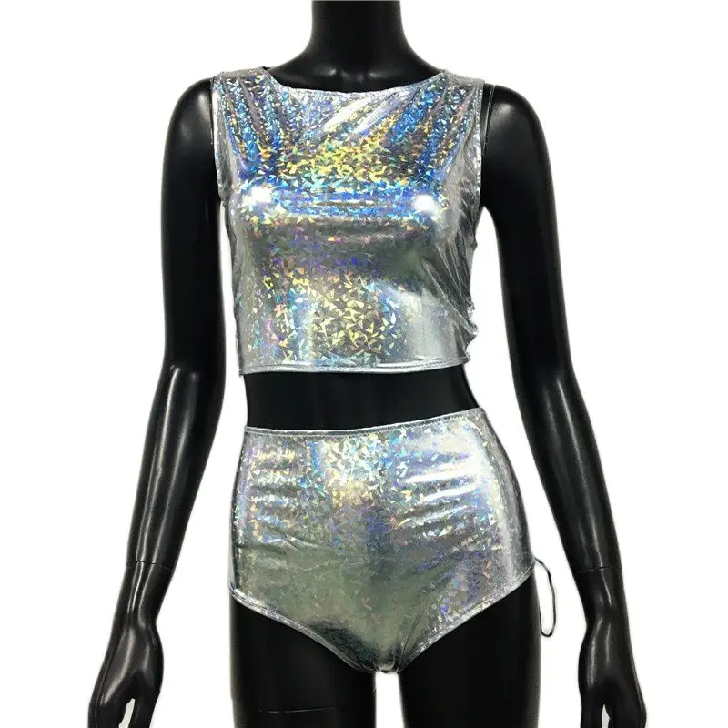 Holographic Reflect Festival Rave Outfits Sleeveless Tank Tops Super Shorts Pant Nightclub Carnival Party Women 2 Piece Sets