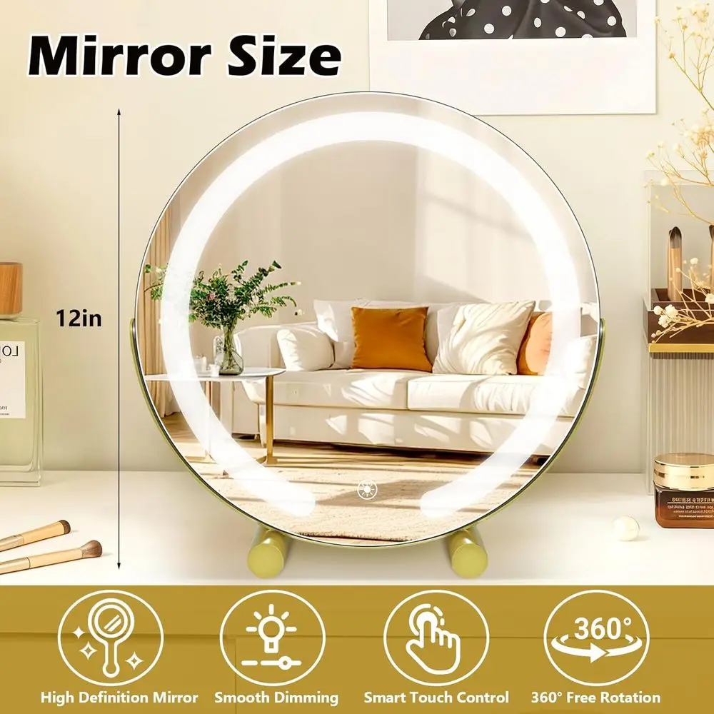 مرآة زينة LED عالية الدقة 12 مع إضاءة ذكية تعمل باللمس بثلاثة ألوان، قابلة للتعتيم، 360 درجة ° دوران للمكياج وغرفة النوم (ذهبي) #3
