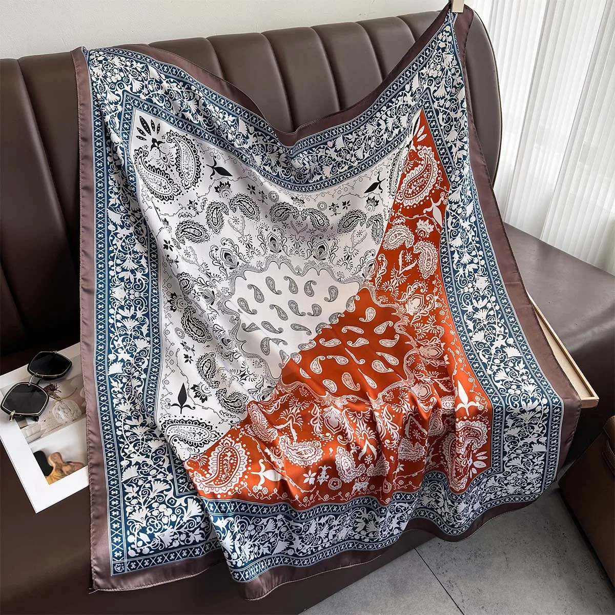 90*90 センチメートル正方形のスカーフレトロカシュー花柄シルクヘッドスカーフ女性ネックスカーフヒジャーブスカーフスカーフ夏ショールバンダナ