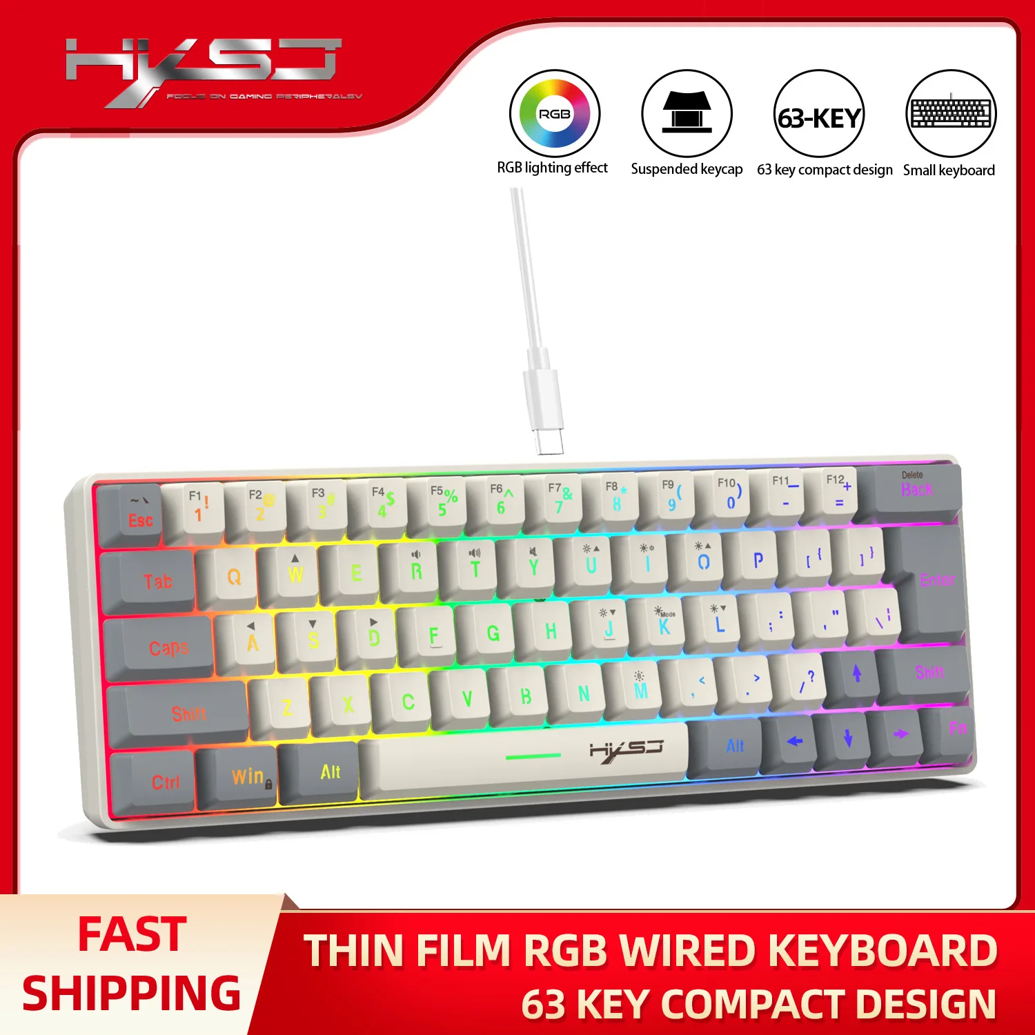 

HXSJ V400 Wired Gaming Keyboards Mechanical Keyboard 63 Keys RGB Backlight Keyboard for Windows Laptops Computer