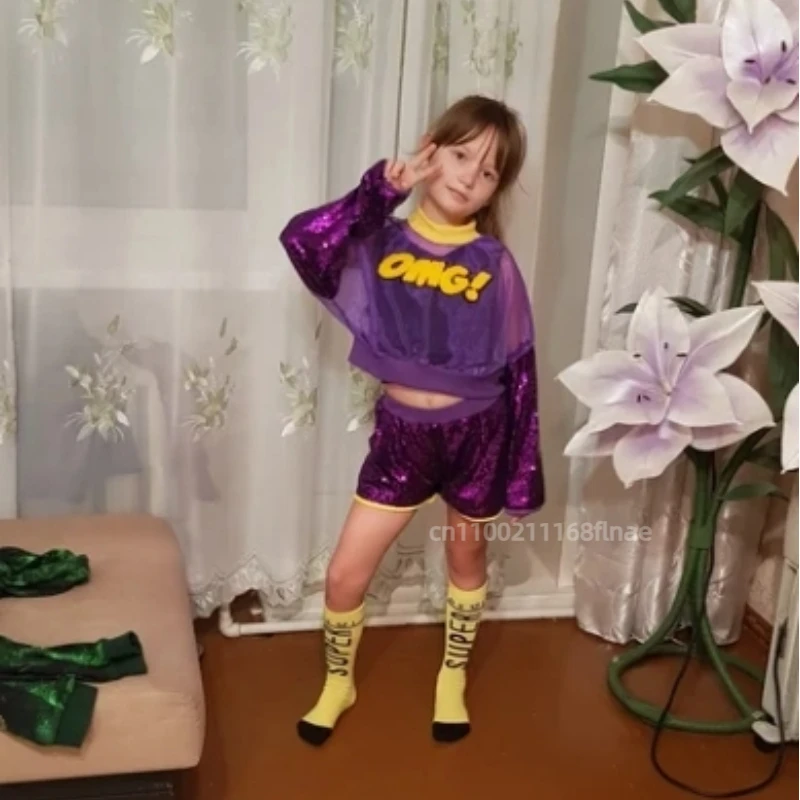 Traje de baile de Jazz para niña, versión coreana, traje de baile callejero de Hip-hop para niños con traje de actuación de lentejuelas con ombligo expuesto
