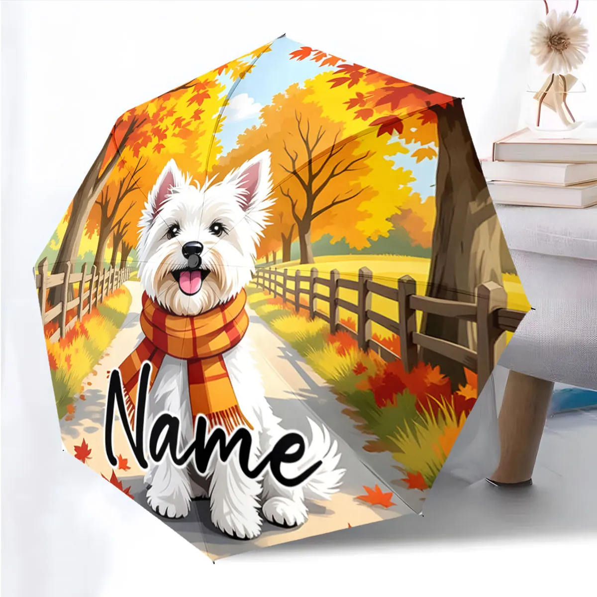 Custom Name Autumn Trail with Happy Dog Design Umbrella Print 8 Iron Ribs Folding Umbrella, Auto-Open Fashion Sunshade