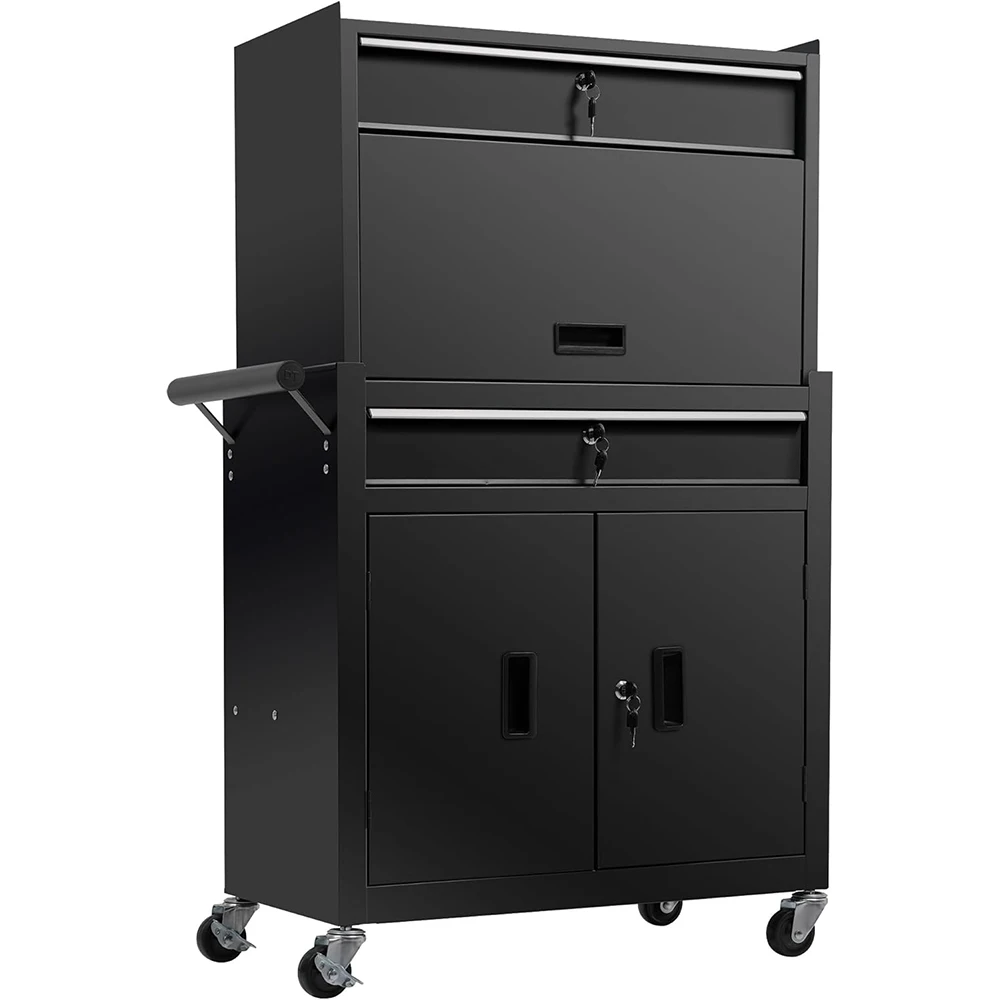Black 2 Drawers Tool Cabinet Chest Combo Roller Steel Storage Box Garage Workshop