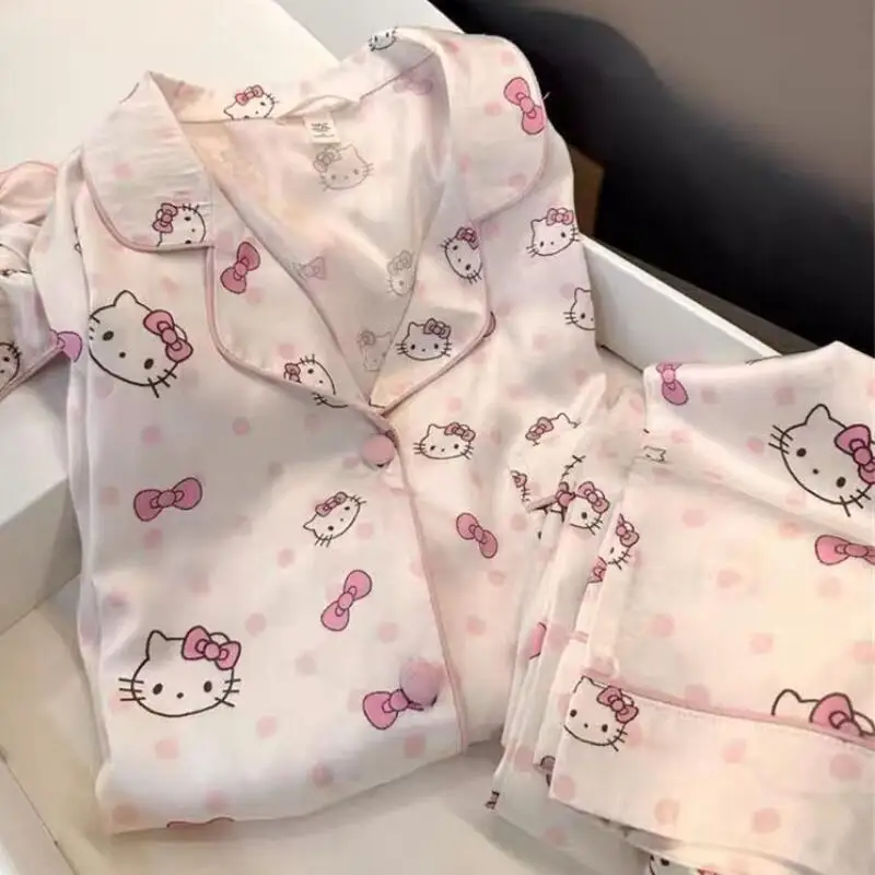 

Sweet Lovely Women's Polka Dot Bow Pajama Set Spring New Collection Cartoon Girls' Long Sleeved Pants Home Clothes Two-Piece Set